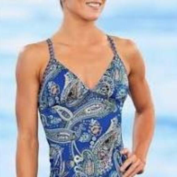 ATHLETA Offshore Racerback Tankini Top Paisley Blue Swim Size Small - Picture 2 of 9